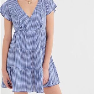 UO Jules Blue Gingham V-Neck Mini Dress